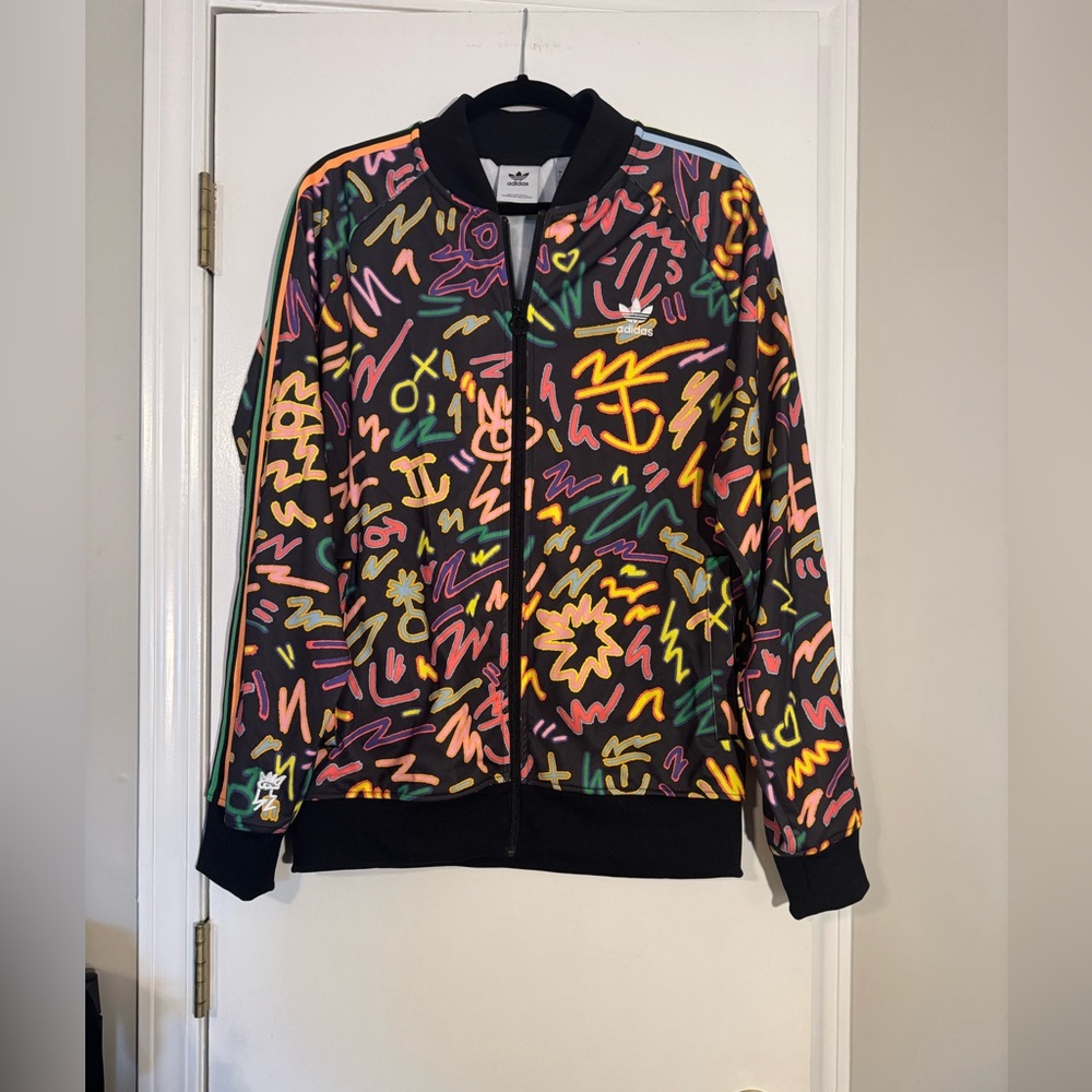 NWT Unisex adult adidas Black Multicolor Scribble Track Jacket colorful graffiti